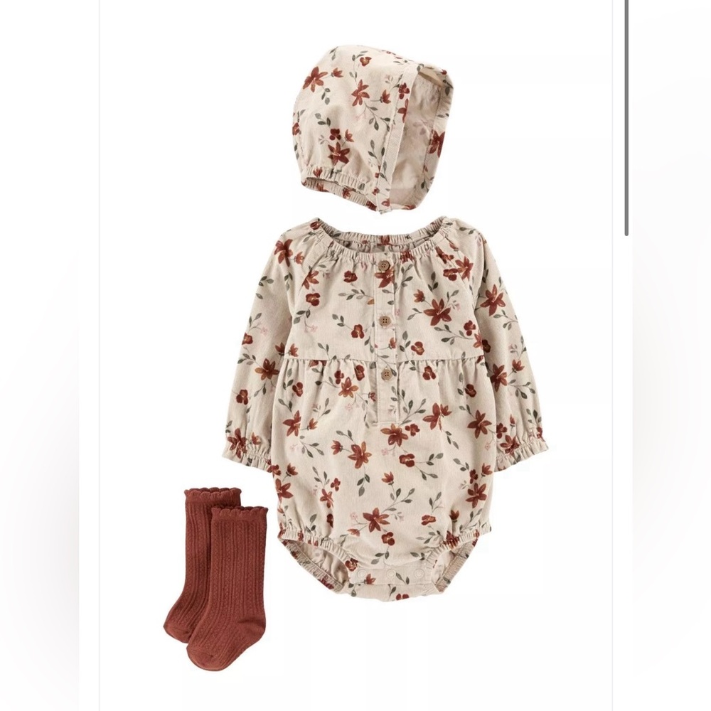 Carter's Baby girl 3-Piece Corduroy Bodysuit & Bonnet Set Floral Beige Khaki 12m
